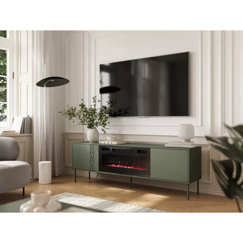 Cama Meble Spintelė TV su židiniu TRESSE 180x40x54,5 cm – matinė žalia, medžio drožlių plokštė