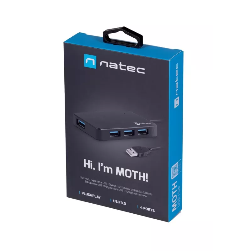 USB stotelė NATEC Moth 4 prievadų USB 3.2 Gen 1 Type-A (5000 Mbit/s), maitinama per USB, juoda, 0,15 m laidas