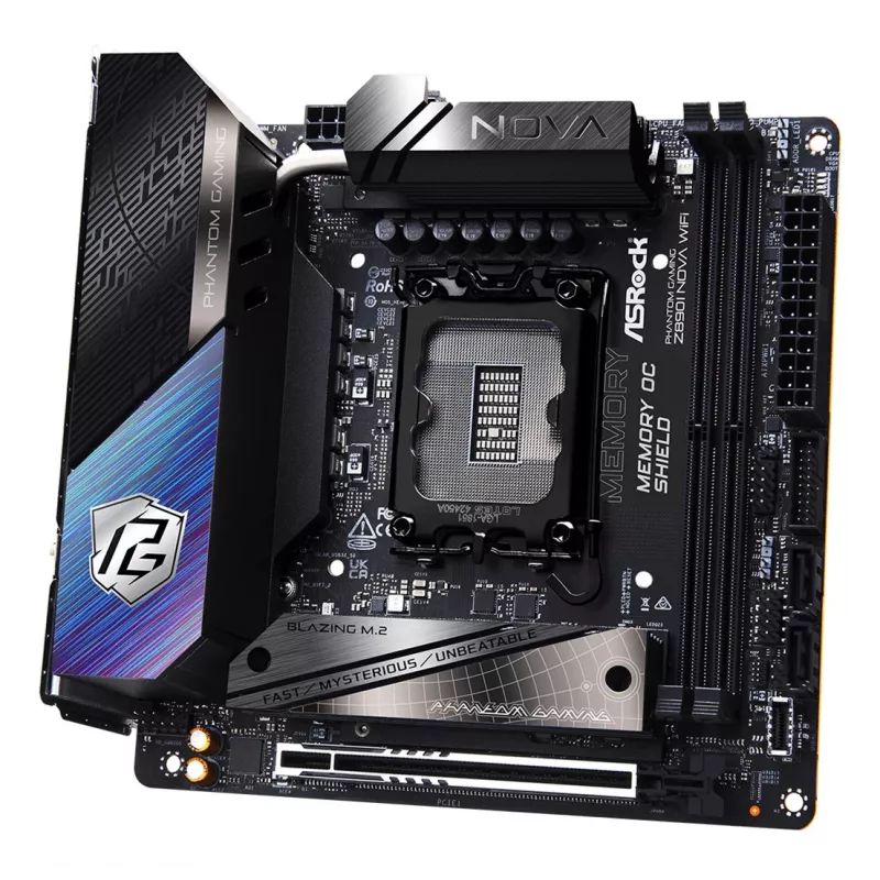 Motininė plokštė ASRock Phantom Gaming Z890I Nova WiFi — Intel Z890, LGA 1851, mini ITX, DDR5, 2x M.2, Wi‑Fi 6E/7, 5Gb LAN, Thunderbolt