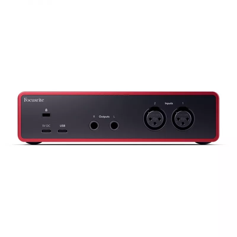 Garso sąsaja Focusrite Scarlett 2i2 4th Gen — 2-in/2-out USB-C, 24-bit/192kHz, 69 dB išankstiniai stiprintuvai, stalinis, juoda/raudona