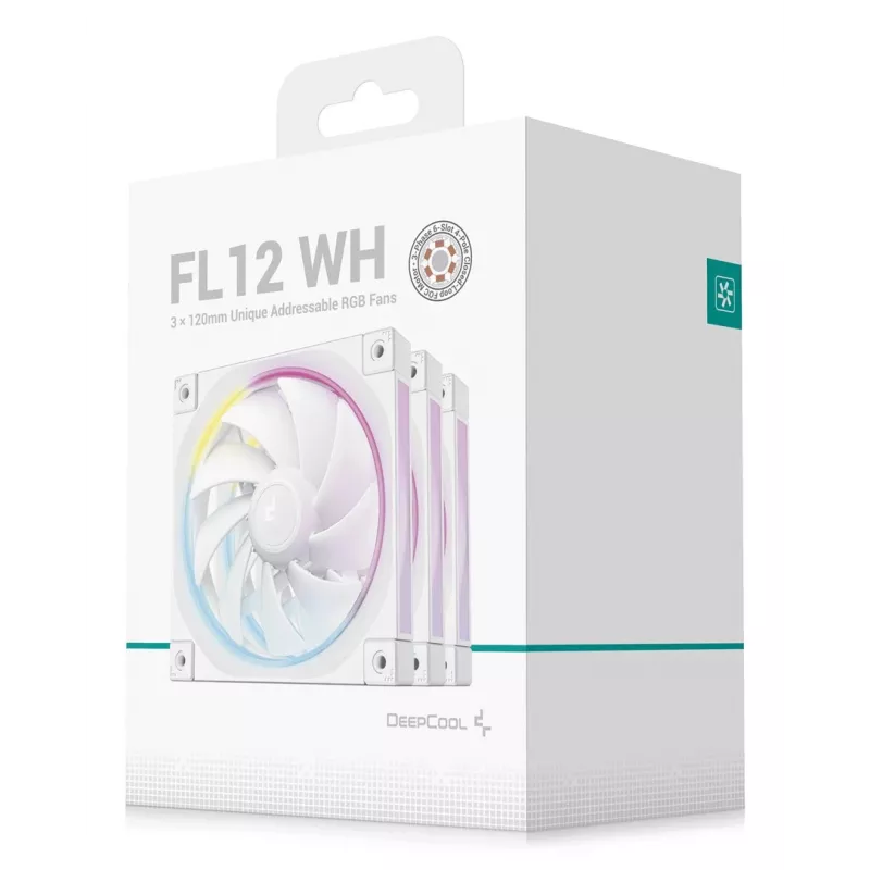 12 cm korpuso ventiliatorius DeepCool FL12 WH — 3 vnt. rinkinys, 120×120×25 mm, 2150 RPM, 55 CFM, Fluid Dynamic Bearing, PWM, kelių spalvų LED, 4 kontaktų