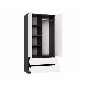 Spinta MALWA SS-90, 90×180×50 cm, antracitinis rėmas, balti varstomi durys, 2 stalčiai, laminatas 16 mm