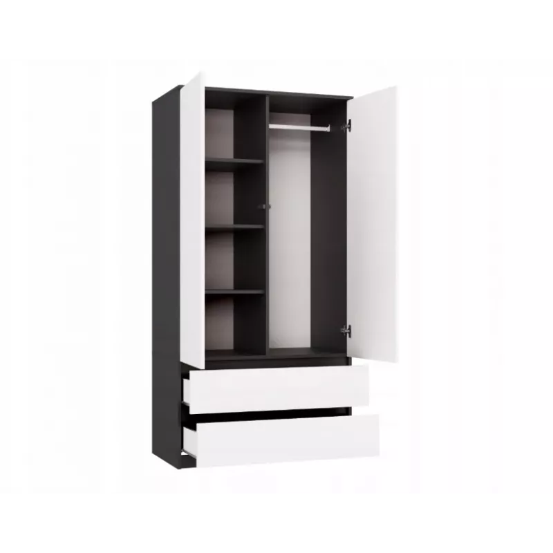 Spinta MALWA SS-90, 90×180×50 cm, antracitinis rėmas, balti varstomi durys, 2 stalčiai, laminatas 16 mm