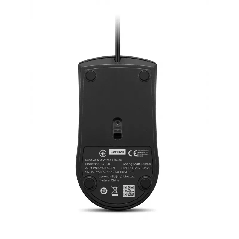 Laidinė USB-A pelė Lenovo 120 – juoda, ambidekstrinė, 1600 DPI, 3 mygtukai, 1,5 m kabelis