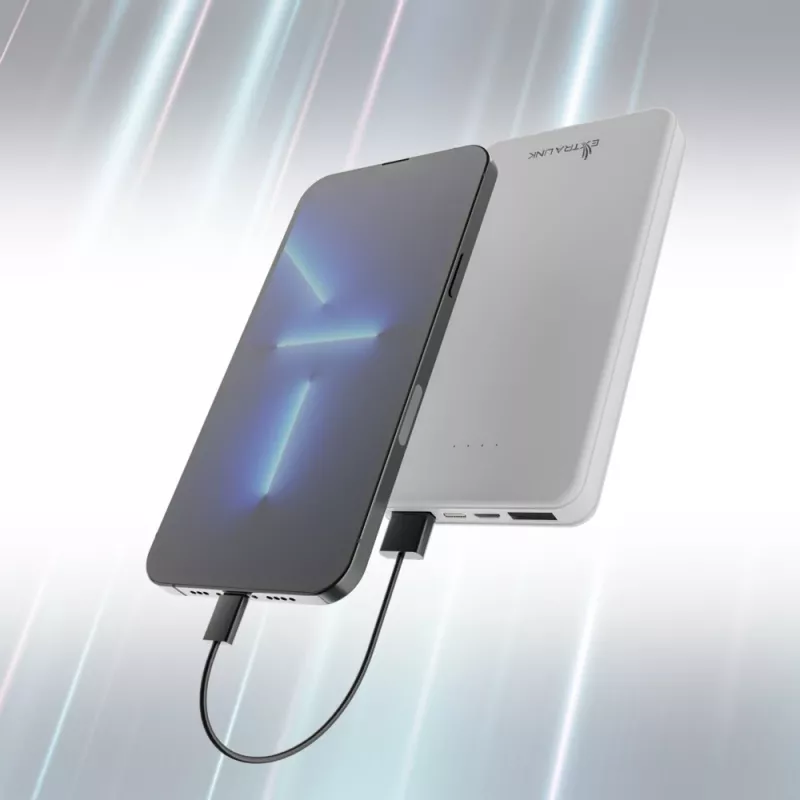 Powerbankas Extralink EPB-078W 10000 mAh Baltas, USB-C, 10 W išėjimas, įkrauna iki 2 įrenginių