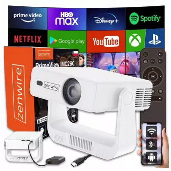 Mini projektorius zenwire IMC260 – nešiojamas projektorius su Android 14, Wi‑Fi, 360° montavimu, Full HD/4K įvestimi telefonams