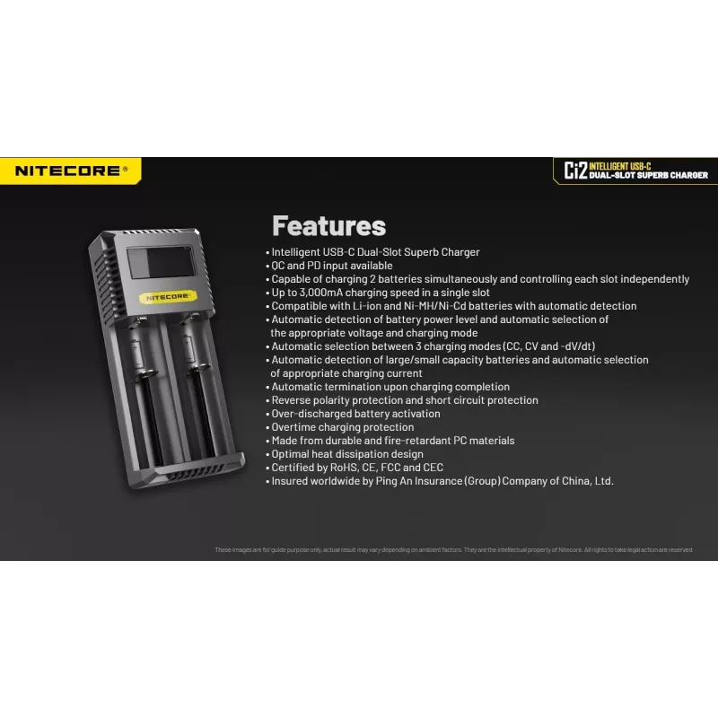 Įkroviklis Nitecore Ci12 Universal USB Li‑Ion, NiCd, NiMH akumuliatoriams, 3A įėjimas 5/9/12V, plastikinis korpusas