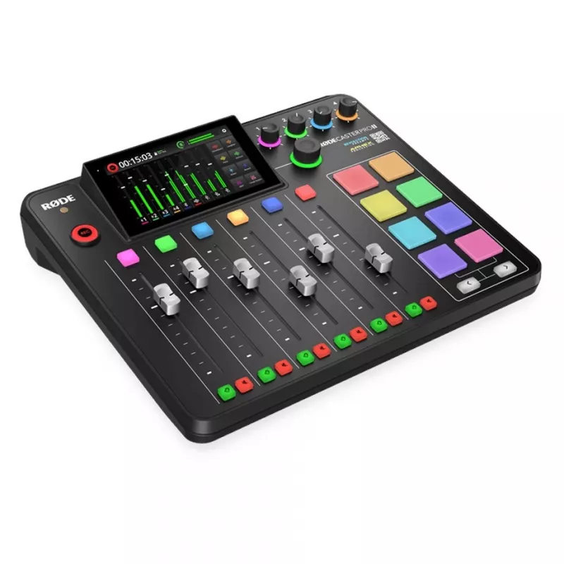 Studijo valdiklis RØDE Caster Pro II juodas — 4 XLR/TRS kombinuotos jungtys, 4 ausinių išėjimai, 8 pagalvėlės, jutiklinis ekranas, Wi‑Fi, Bluetooth, USB‑C