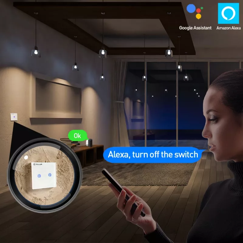 Išmanusis WiFi jungiklis Tellur SS2N — 2 kanalai, 1800 W bendra apkrova, 10 A kanalui