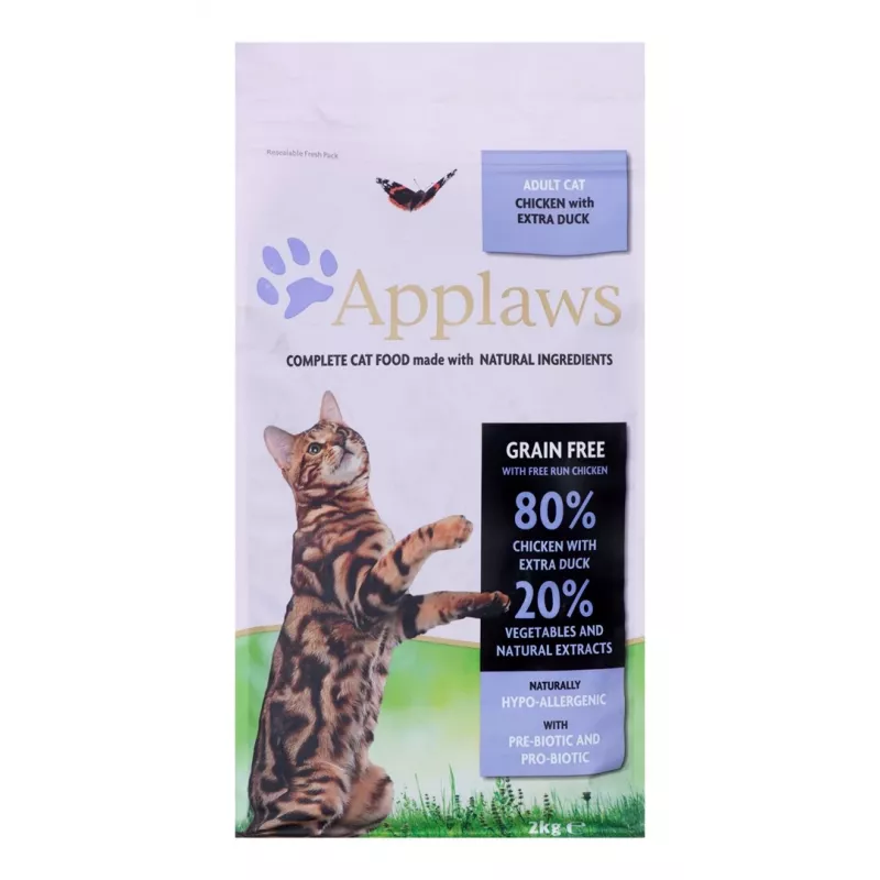 Sausas kačių ėdalas Applaws Vištiena su Antiena 2 kg – bekombių, be glitimo, pilnavertis suaugusioms katėms, 36,5% baltymų, 16% riebalų