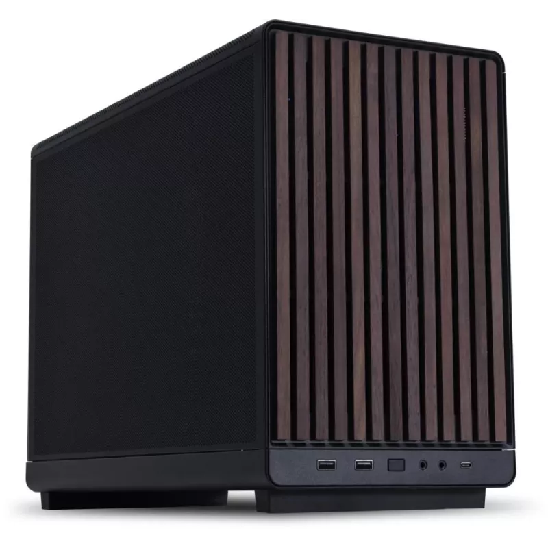 Korpusas Lian Li A3-mATX Micro Tower — Micro-ITX/Micro-ATX, Wood & Black, palaiko ATX/SFX/SFX-L maitinimo šaltinius