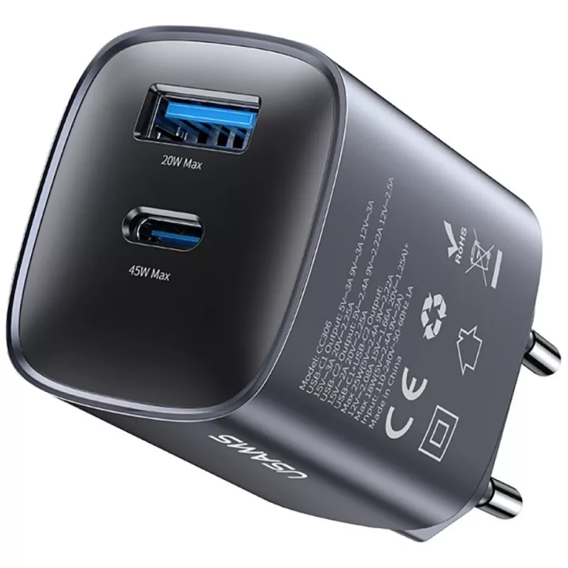 Įkroviklis USAMS CC290 T66 45W GaN greitas įkrovimas sidabrinis