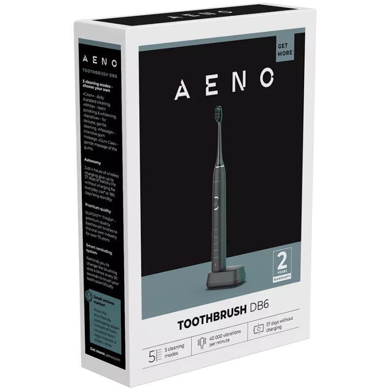 AENO Sonic Electric Toothbrush DB6 Juoda: 5 režimai, belaidis įkrovimas, 46000 sūkių/min, 40 dienų be įkrovimo, IPX7