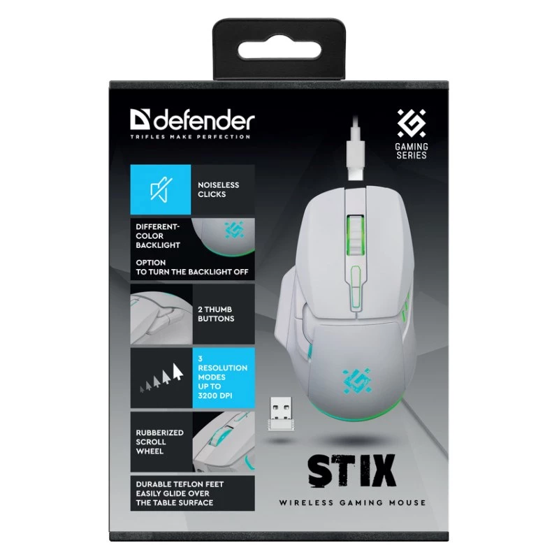 Belaidė pelė DEFENDER Stix GM-009 RF – optinė 3200 DPI, 6 mygtukų, ambidekstrinė, USB RF, maitinama baterija, balta