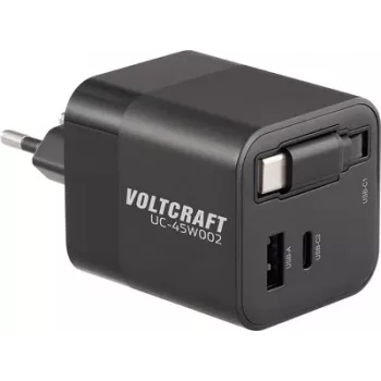 VOLTCRAFT UC-45W002 USB įkroviklis 45 W 1x USB-A, 2x USB-C® USB PD Juodas Vidinis Naudojimas GaN, USB Power Delivery (USB-PD), Greitasis Įkroviklis (VC-17330925)