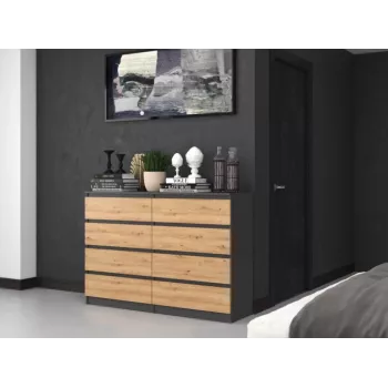 Komoda Top e shop M8 140 ANT/ART — 8 stalčių, Antracitas/Ąžuolas, 1380×400×970 mm, Medienos drožlių plokštė