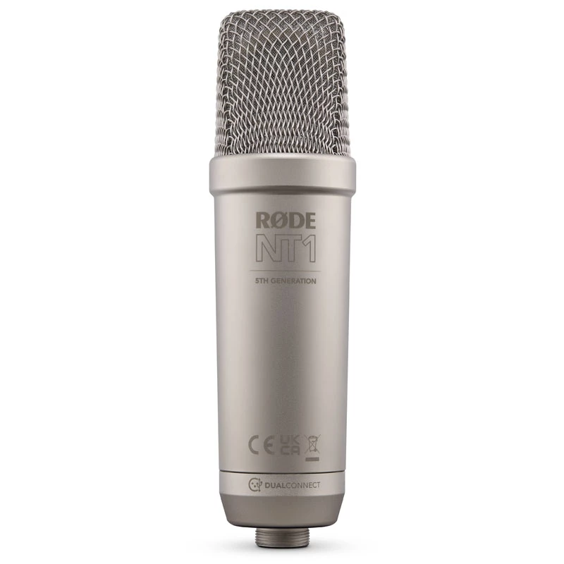 Studijinis kondensatorinis mikrofonas RØDE NT1-A 5th Gen — kardioidinis, XLR/USB, 24/32 bitų, iki 192 kHz, max SPL 142 dB, sidabrinis