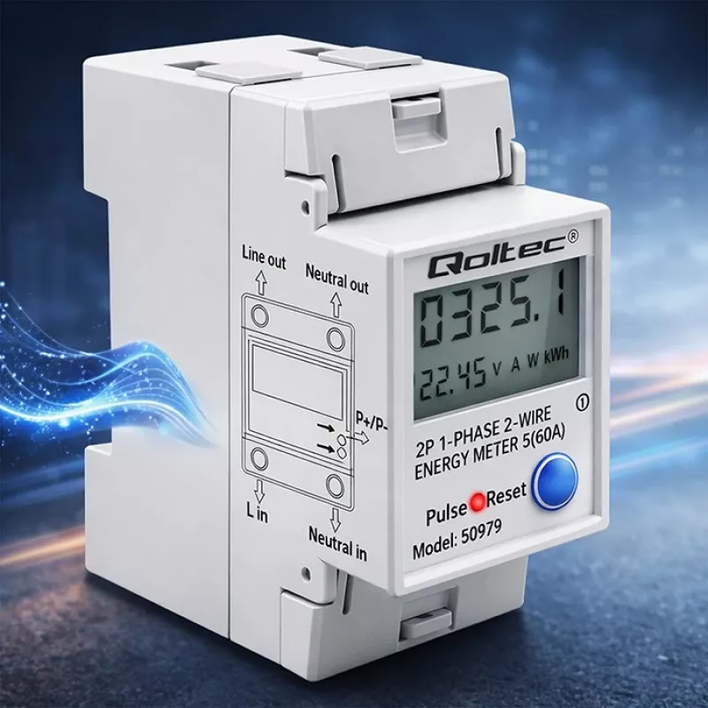Energijos skaitiklis QOLTEC Vienfazis DIN-bėgis 230V (MPN 50979)