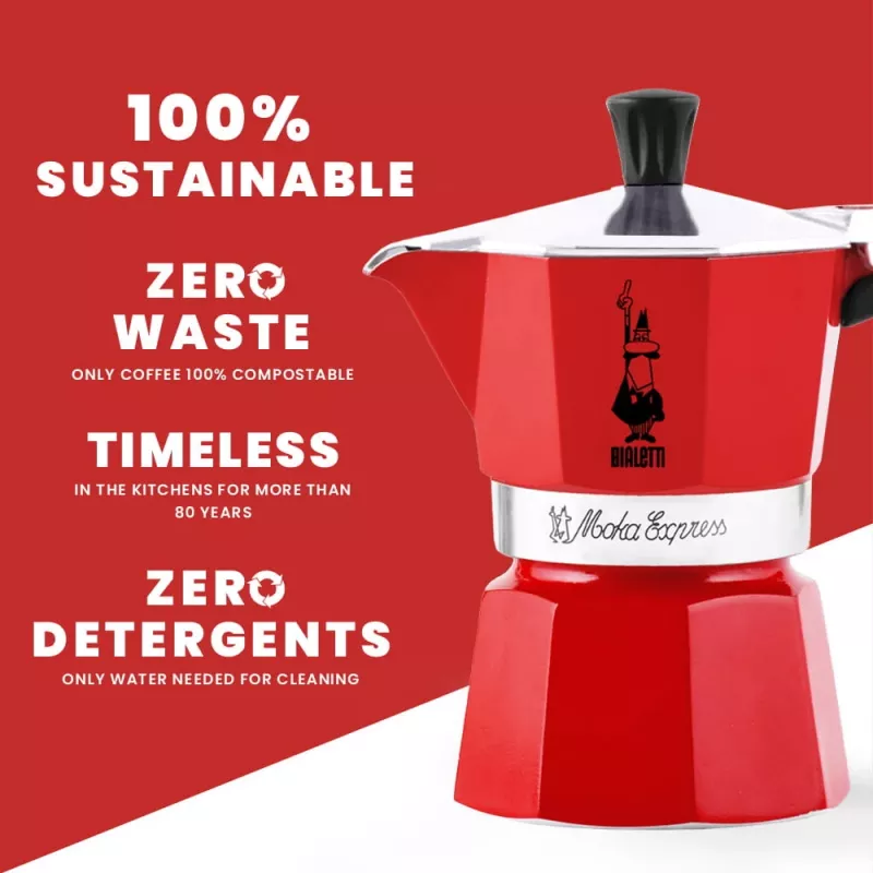Bialetti Moka Express 1TZ espreso kavinukas (moka), 1 puodelis (50 ml), raudonas