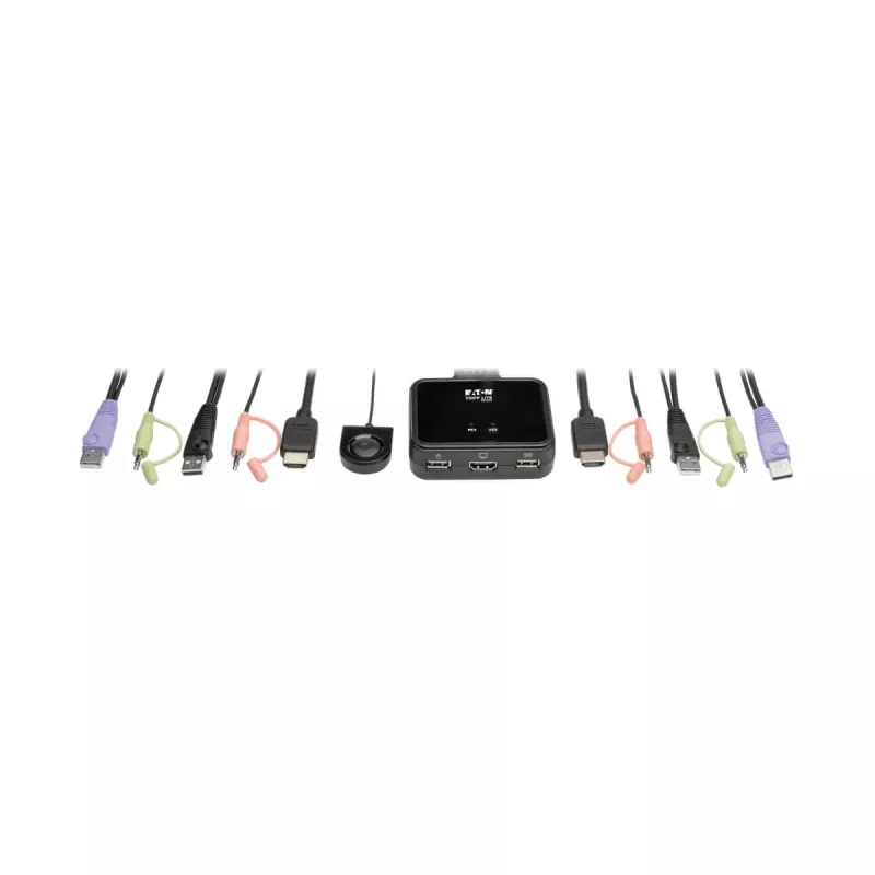 Eaton Tripp Lite serijos 2 prievadų USB/HD kabelinis KVM jungiklis su garsu/vaizdu, kabeliais ir USB periferinių įrenginių bendrinimu - KVM-/garso-/USB jungiklis - 2 x KVM/garso/USB - 1 vietinis vartotojas - darbalaukis