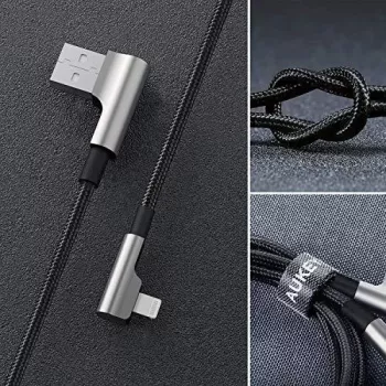 AUKEY CB-AL01 USB–Lightning kabelis, juodas, nailoninis, 2 m, 90° jungtys