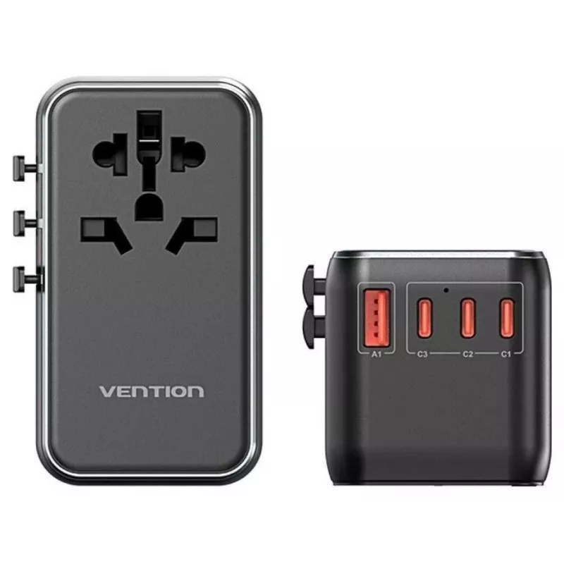 Kroviklis Vention FJGB0 100W GaN su 3× USB-C ir 1× USB-A, juodas