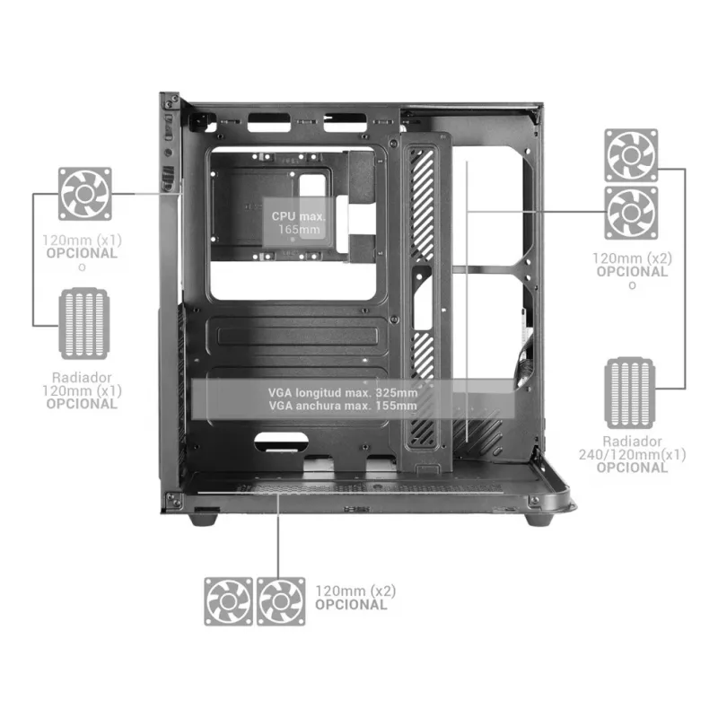 PC Midi Tower korpusas TACENS Mars Gaming MC-INFINIOLITE, juodas, grūdintas stiklas, ATX/Micro-ATX/Mini-ITX, 120 mm ventiliatoriai