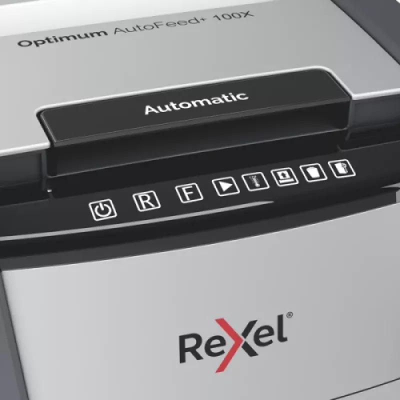Popieriaus smulkintuvas REXEL Optimum AutoFeed+ 100X – 100 lapų automatinis padavimas, kryžminis pjovimas 4×28 mm, 34 L krepšelis, aliuminis