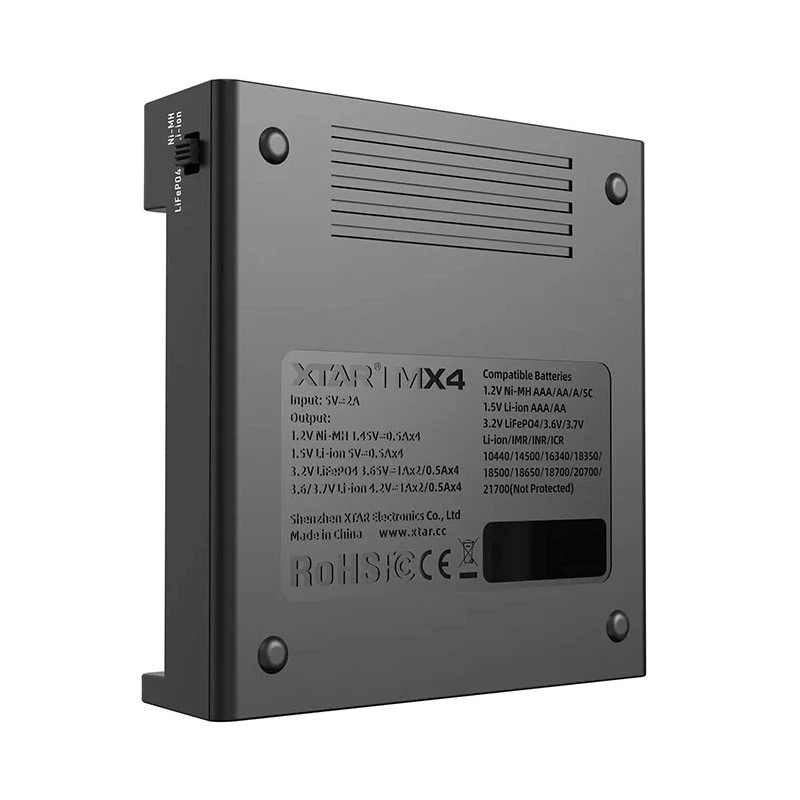 Įkroviklis baterijoms XTAR MX4 4 lizdų universalus Li-ion NiMH USB-C, juodas, palaiko 4 baterijas