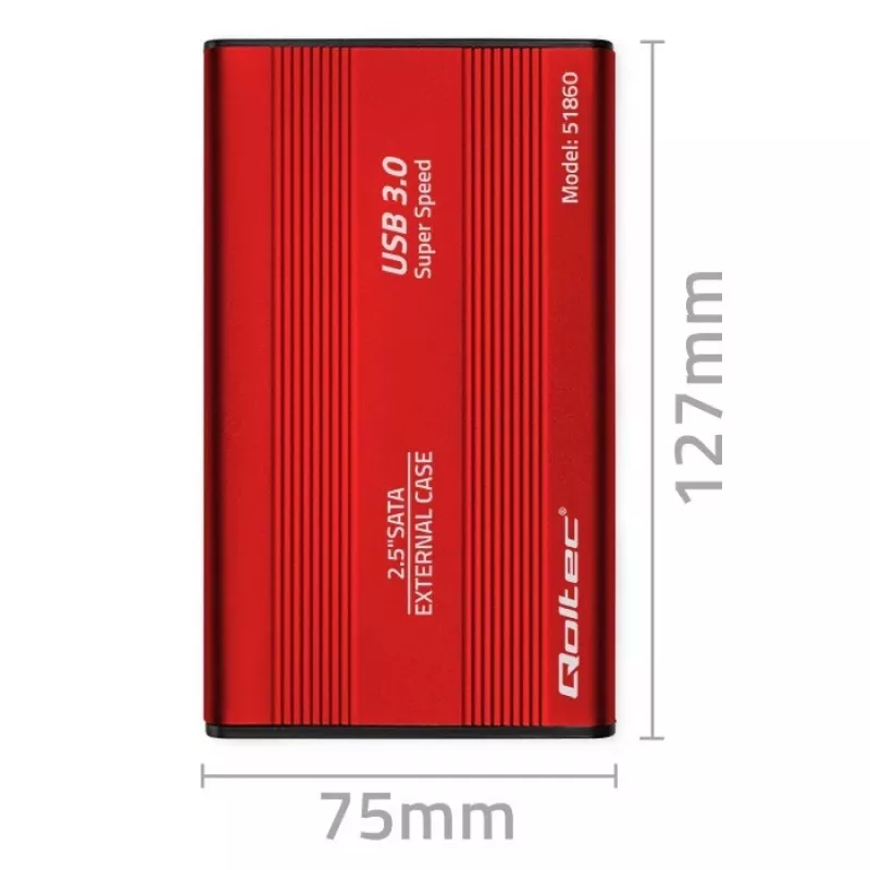 Išorinis dėklas HDD/SSD QOLTEC 51860 2.5 colio SATA III, USB Type-A, 5 Gbit/s, aliuminis, raudonas