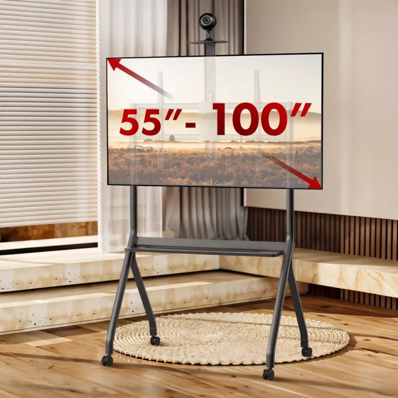 Pertvarkomas TV stovas MACLEAN MC-114 B grindinis mobilus stovas 55–100 colių ekranams, max apkrova 120 kg, VESA 200x200–900x600, aukštis 115–152 cm, juodas, lentyna