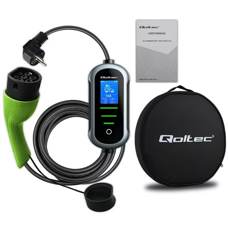 QOLTEC EV automobilio įkroviklis su reguliuojama srove Type2 2in1 3,5 kW – kompaktiškas kintamosios srovės įkroviklis