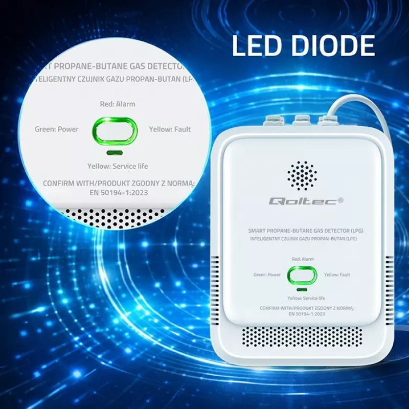 Dujų nuotėkio detektorius QOLTEC 52652 – propanui/butanui (LPG), 85 dB signalas, LED indikatorius