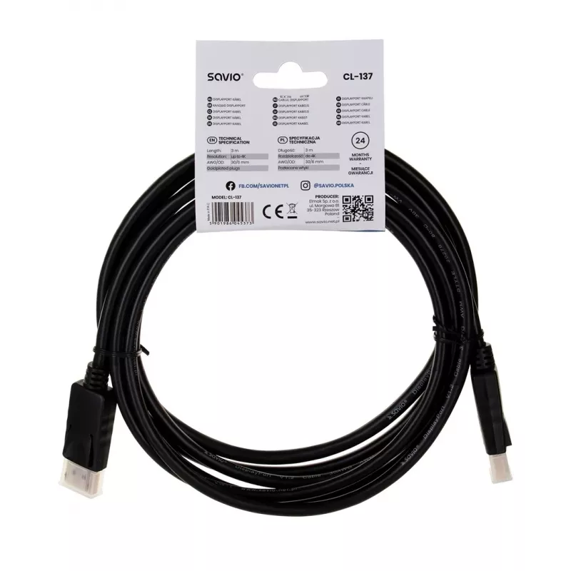 Savio CL-137 DisplayPort kabelis 3 m Juodas