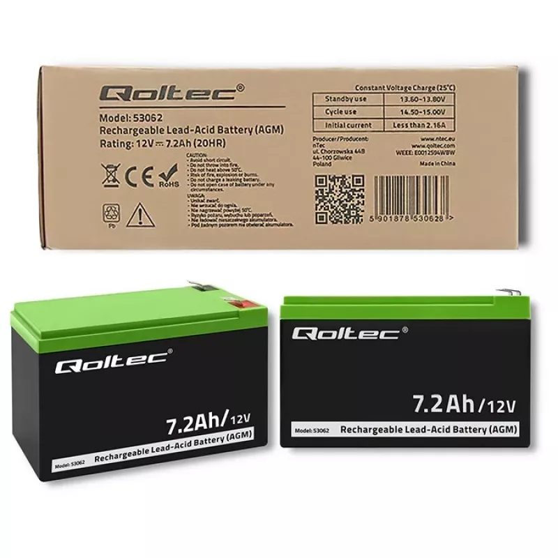 Qoltec 53062 AGM akumuliatorius | 12V | 7,2 Ah | max 108A
