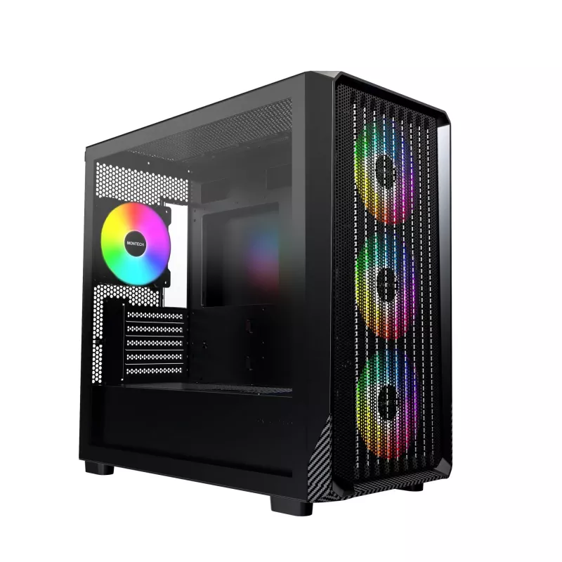 Montech X5M (B) „Micro Tower“ kompiuterio korpusas – Micro-ATX/Mini-ITX, 3×120 mm priekyje, 1×120 mm gale, palaiko ATX maitinimo šaltinį, 2×3,5 colio + 4×2,5 colio, juodas