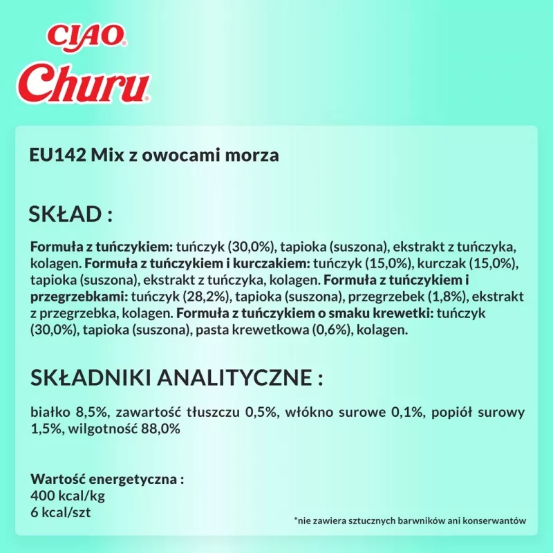 Drėgni skanėstai katėms INABA Churu Variety box Tunas su jūros gėrybėmis — 40 x 14 g pastos paketėlių, be grūdų, be cukraus