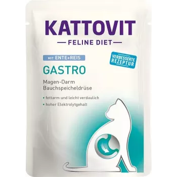 Šlapias veterinarinis ėdalas katėms KATTOVIT Adult Duck & Rice sachet 85 g – virškinimo sistemos palaikymas, kasos nepakankamumas