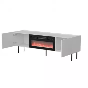 Spintelė televizoriui Cama Meble LUCCA 180x40x59 cm, baltas viršus ir rėmas, juodas elektrinis židinys