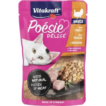Šlapias kačių ėdalas Vitakraft Poésie Delice kalakutiena 85 g – suaugusioms katėms, drėgnas maišelis, baltymai 8%, riebalai 4,5%