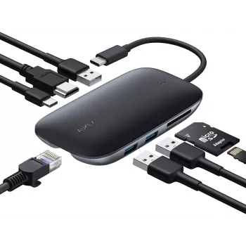 USB-C stotelė nešiojamam kompiuteriui AUKEY CB-C71 — 3x USB‑C (USB 3.2 Gen1), HDMI, RJ‑45, MicroSD, USB PD 100W, 0,15 m kabelis, juoda