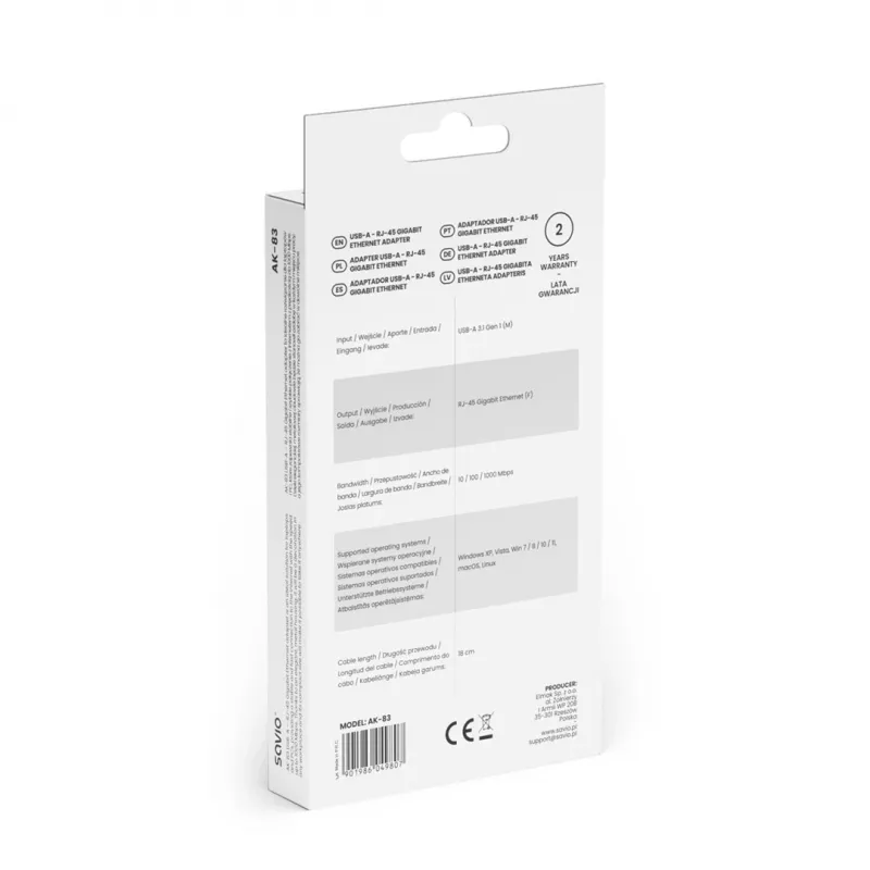 Tinklo sąsajos adapteris SAVIO AK-83 USB-A į RJ-45 vyriškas, 5 Gbit/s, juodas