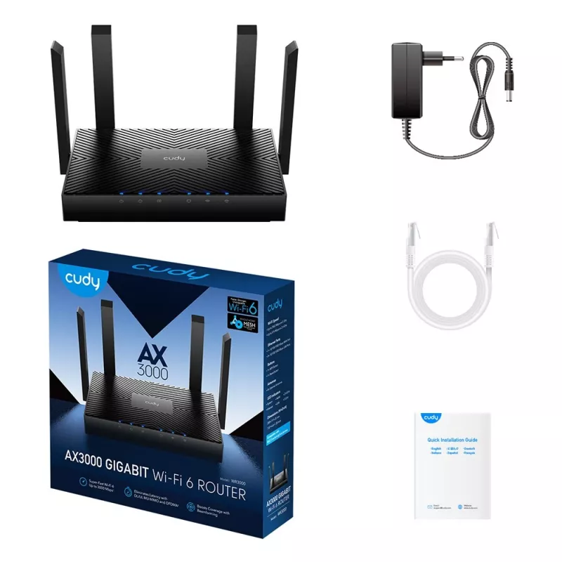 Cudy WR3000 belaidis maršrutizatorius Gigabit Ethernet dviejų juostų (2,4 GHz / 5 GHz) Juodas