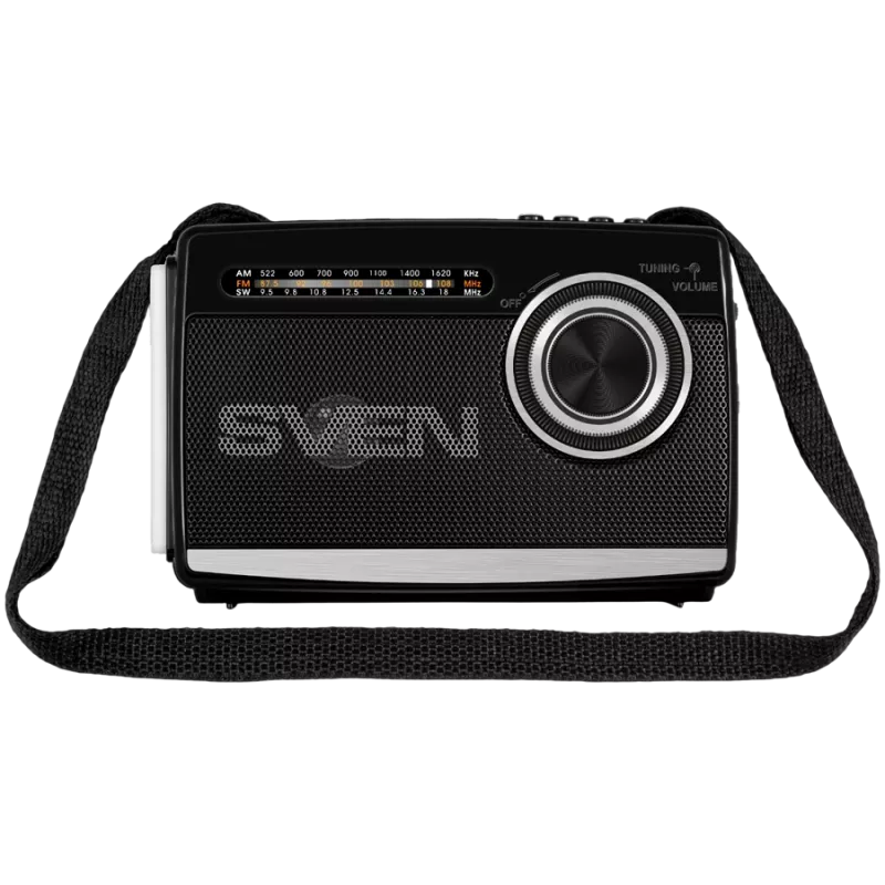 Nešiojamas radijo imtuvas ir garsiakalbis SVEN SRP-155, juodas (3W, Bluetooth, FM/AM/SW, USB, microSD, žibintuvėlis, baterija)