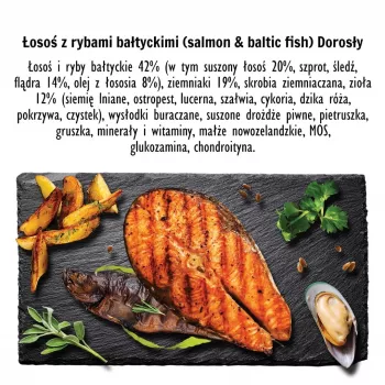 Sausas šunų ėdalas PAKA ZWIERZAKA Salmon with Baltic Fish M 9 kg — suaugusiems, be grūdų, vidutinėms ir didelėms veislėms
