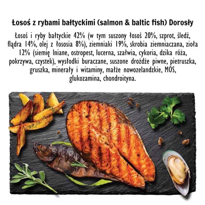 Sausas šunų ėdalas PAKA ZWIERZAKA Salmon with Baltic Fish M 9 kg — suaugusiems, be grūdų, vidutinėms ir didelėms veislėms