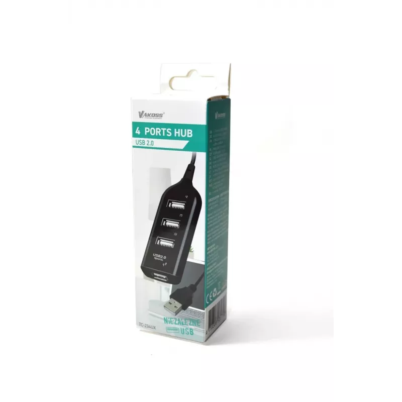 VAKOSS USB stotelė TC-234UX — 4 prievadų USB 2.0 stotelė, DC maitinimas (5V, 1A), juoda