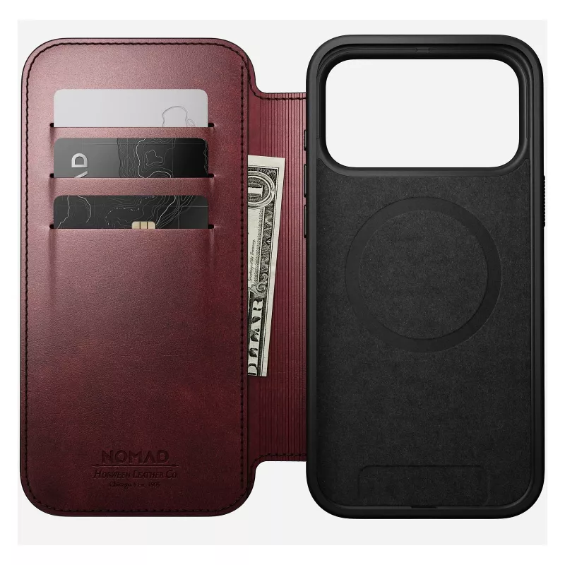 Mobilaus telefono dėklas Nomad Modern Leather Folio, skirtas iPhone 17 Pro Max – oda, TPU, PC, aliuminis, bordo spalvos, 16 cm (6,3 colio)