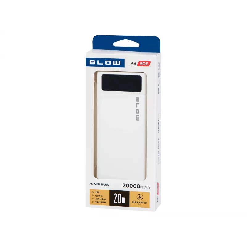 Nešiojamas maitinimo bankas BLOW PB20E 20000mAh QC+PD 20W su USB-C, 2×USB-A, Lightning įėjimu, polimerine baterija