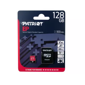 PATRIOT EP 128GB MicroSDXC atminties kortelė, Class 10, U3, V30, A1, skaitymas 100 MB/s, rašymas 80 MB/s